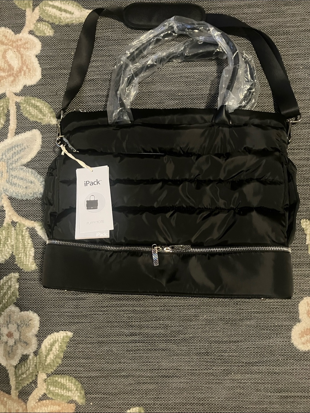 Black Quilted Tote with Zip-Bottom Organizer-Puffy I Pack Tote
